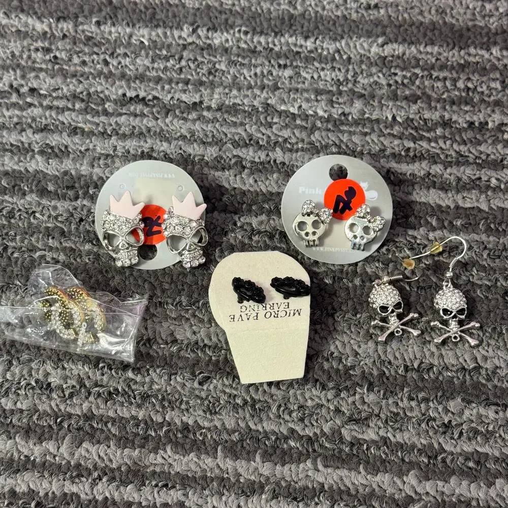 Skull Earrings Lot Gothic Rhinestone Skull Studs & Dangle Earrings Punk Y2K